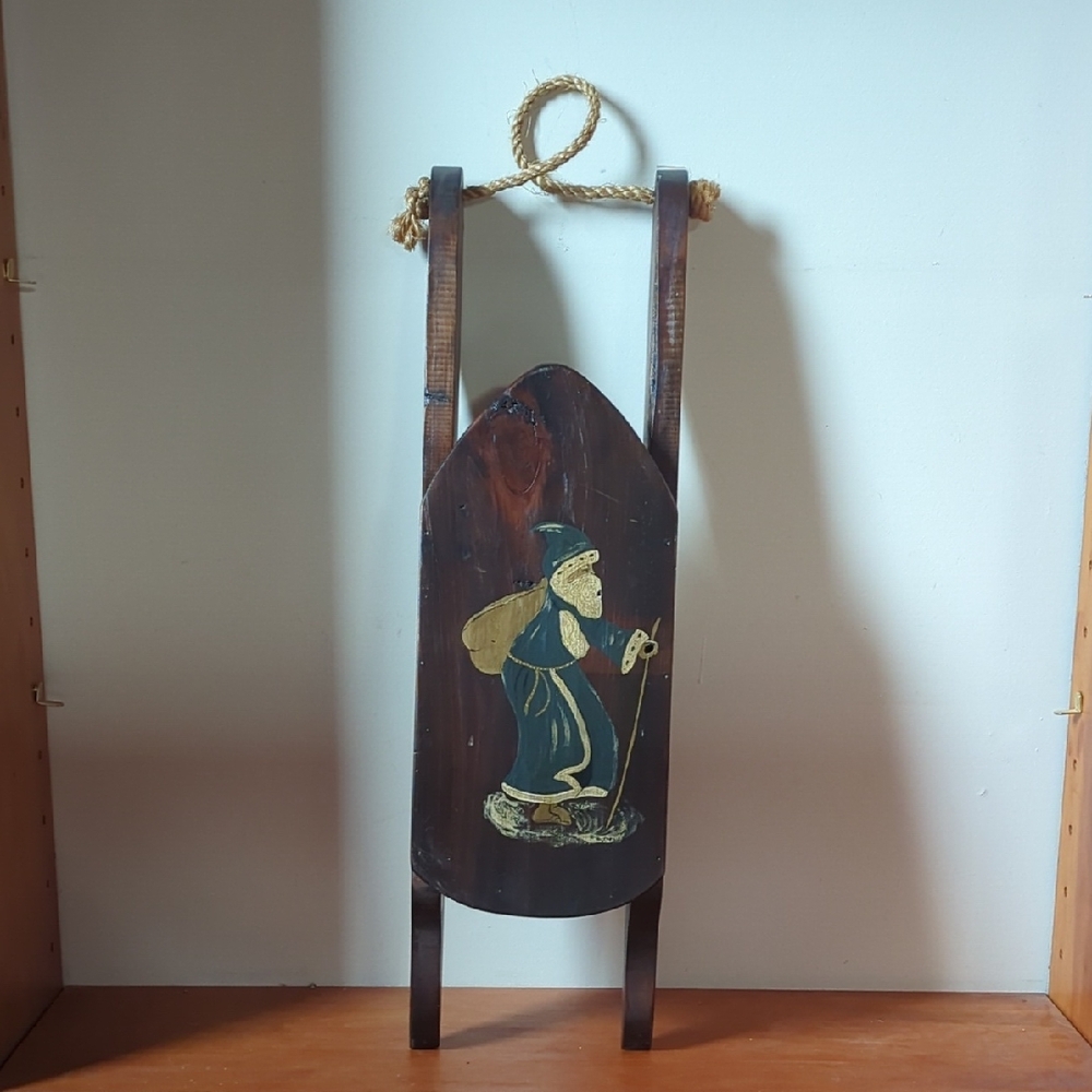 Primitive Wooden Sled Decor With old World Santa Painting